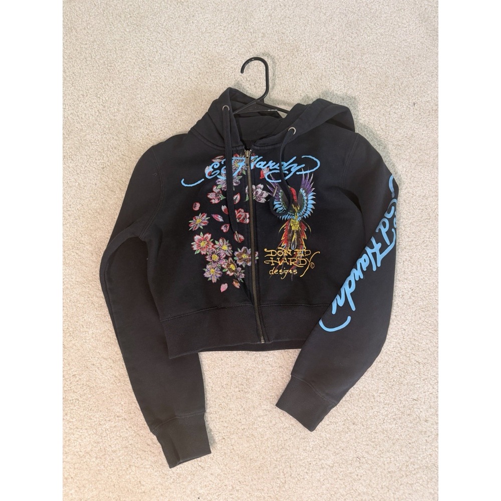 Ed Hardy Phoenix Y2K Black Crop Zip Hoodie Women's L Graphic Tattoo Full Zip